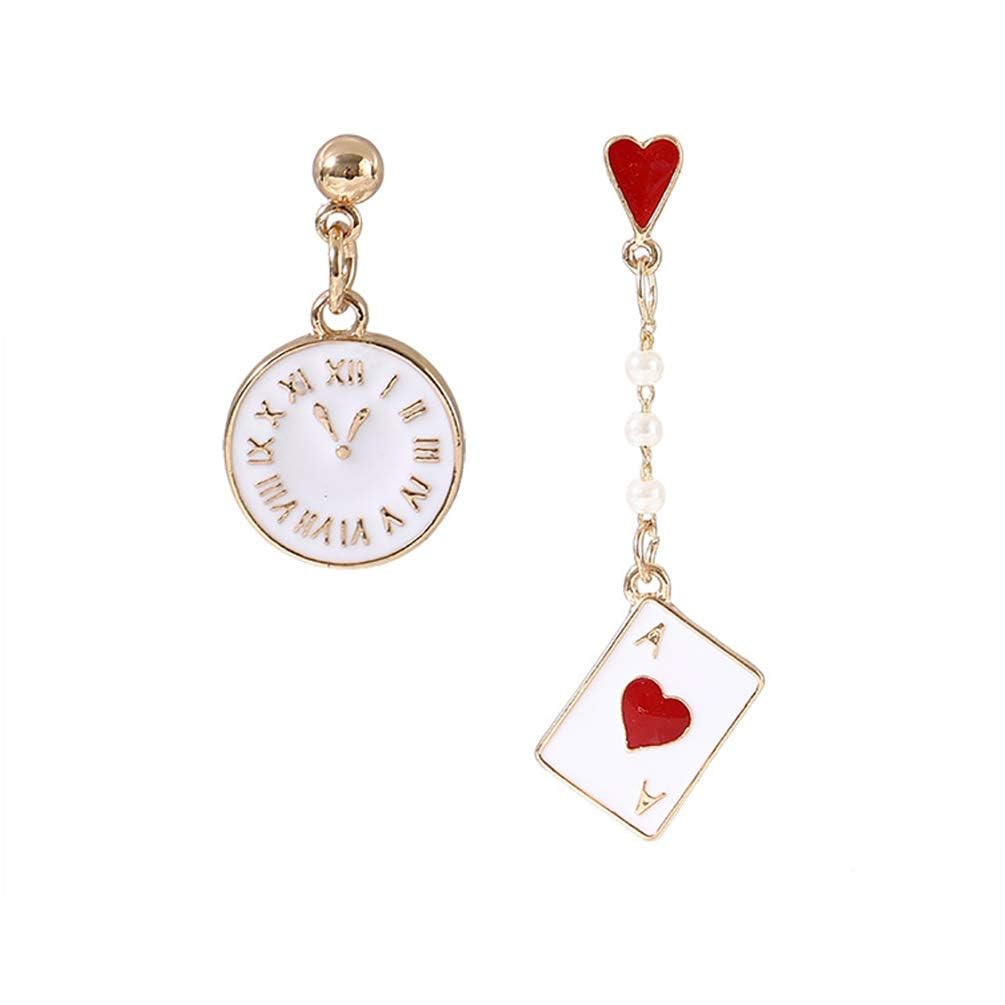 Asymmetric Clock Poker Dangle Earrings,Long Pentagram Alarm Clock Drop Earrings for Women Birthday Gifts Queen of Hearts Costume Earrings