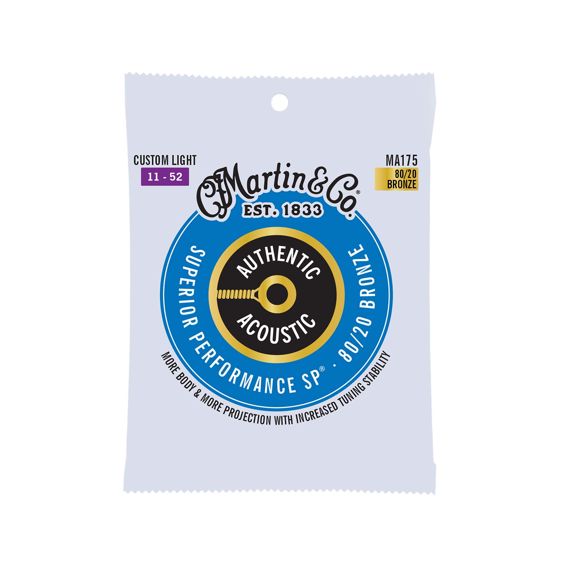 Martin Authentic Acoustic Guitar Strings, Superior Performance Custom Light 11-52, 80/20 Bronze