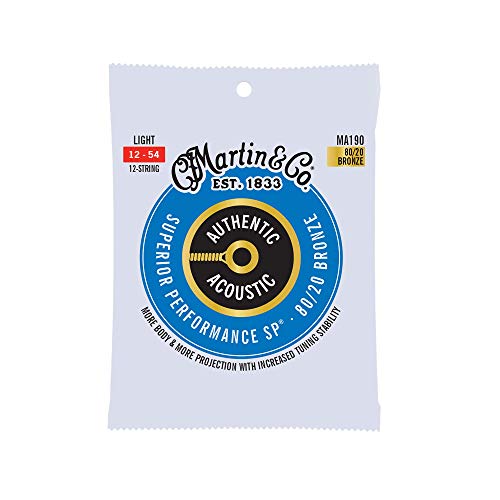 Martin Authentic Acoustic Guitar Strings, Superior Performance Light 12-54,12-30, 80/20 Bronze, 12 strings