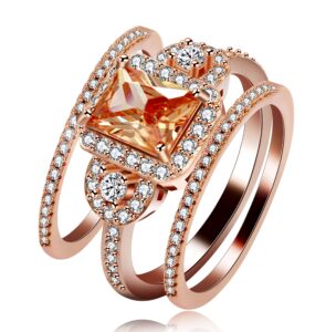 uloveido 3pcs stackable bridal rings set rose gold plated, 3-stone emerald cut champagne yellow cz solitaire accent engagement wedding bands for women (size 8) y434