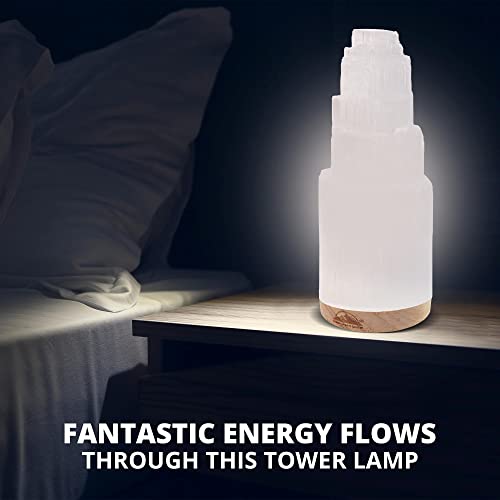 WBM Selenite Crystal Lamp 20cm, Hand Curved Morocco |Skyscraper| Crystals and Healing Stones,(ETL Certified) with Wooden Base & USB Charging Cable For Healing Cleansing & Meditation