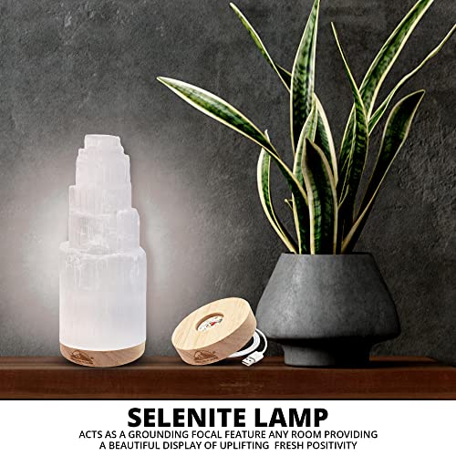 WBM Selenite Crystal Lamp 20cm, Hand Curved Morocco |Skyscraper| Crystals and Healing Stones,(ETL Certified) with Wooden Base & USB Charging Cable For Healing Cleansing & Meditation