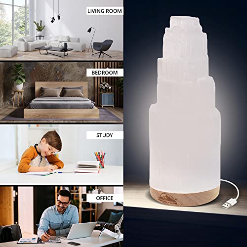 WBM Selenite Crystal Lamp 20cm, Hand Curved Morocco |Skyscraper| Crystals and Healing Stones,(ETL Certified) with Wooden Base & USB Charging Cable For Healing Cleansing & Meditation