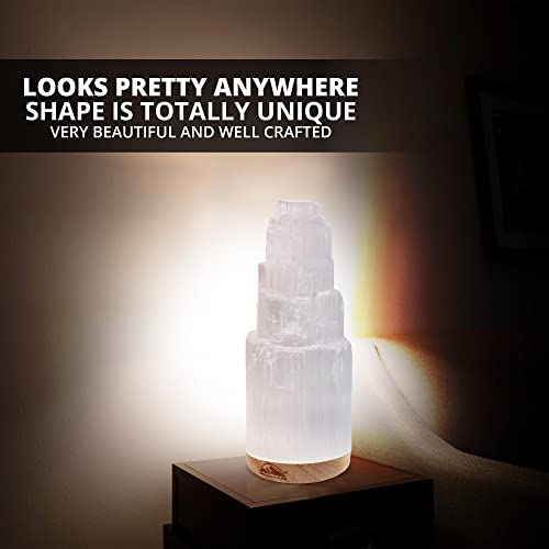 WBM Selenite Crystal Lamp 20cm, Hand Curved Morocco |Skyscraper| Crystals and Healing Stones,(ETL Certified) with Wooden Base & USB Charging Cable For Healing Cleansing & Meditation