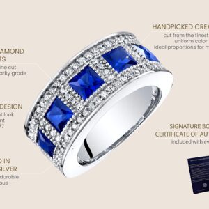 PEORA Sterling Silver Princess Cut Created Sapphire Anniversary Ring Band Wide Width 2 Carats Size 7