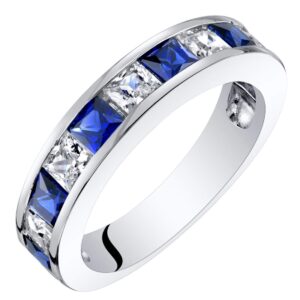 PEORA Created Blue Sapphire Half Eternity Wedding Ring Band for Women 925 Sterling Silver, 1 Carat total Princess Cut, Size 7