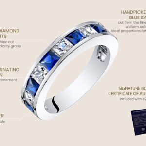 PEORA Created Blue Sapphire Half Eternity Wedding Ring Band for Women 925 Sterling Silver, 1 Carat total Princess Cut, Size 7