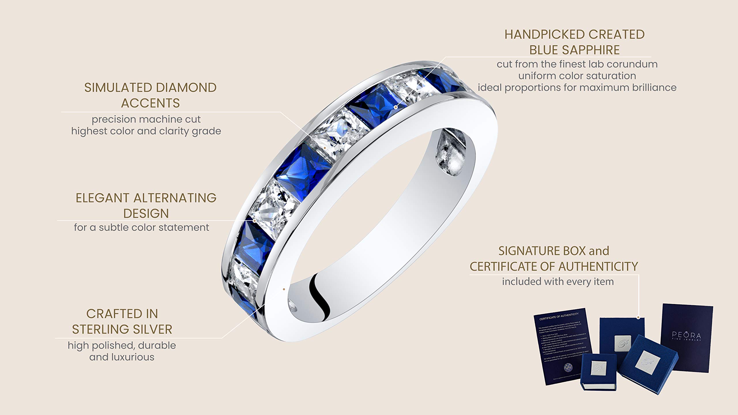 PEORA Created Blue Sapphire Half Eternity Wedding Ring Band for Women 925 Sterling Silver, 1 Carat total Princess Cut, Size 7