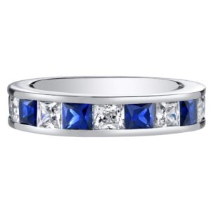 PEORA Created Blue Sapphire Half Eternity Wedding Ring Band for Women 925 Sterling Silver, 1 Carat total Princess Cut, Size 7