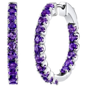 Peora Amethyst Hoop Earrings for Women in Sterling Silver, Inside-Out Design, Natural Gemstone Birthstone, 3.50 Carats total Round Shape, Click Lock