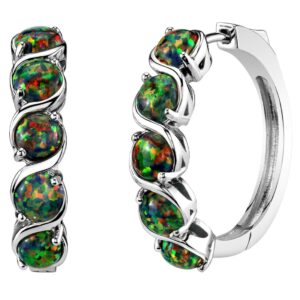 Peora Created Black Fire Opal Hoop Earrings in Sterling Silver, 2.50 Carats total Round Shape, Hypoallergenic, 1 inch Diameter, Patented Click Lock