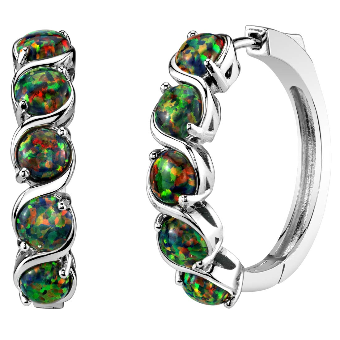 Peora Created Black Fire Opal Hoop Earrings in Sterling Silver, 2.50 Carats total Round Shape, Hypoallergenic, 1 inch Diameter, Patented Click Lock