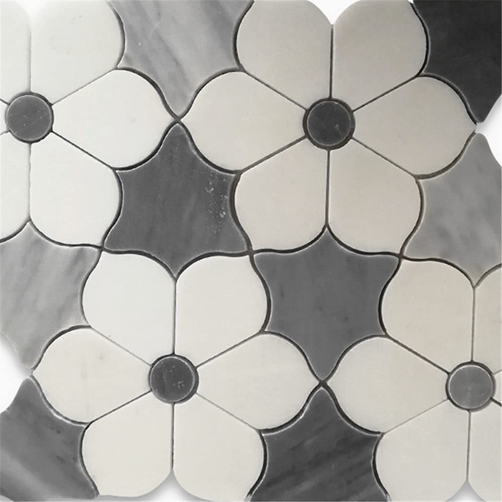 Stone Center Online Thassos White Marble Magnolia Flower Mosaic Tile w/Bardiglio Gray Polished Kitchen Bath Wall Floor Backsplash Shower (1 Sheet)