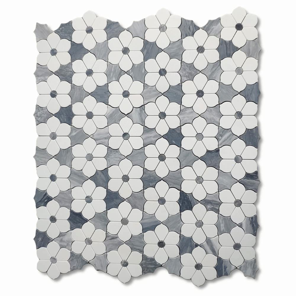 Stone Center Online Thassos White Marble Magnolia Flower Mosaic Tile w/Bardiglio Gray Polished Kitchen Bath Wall Floor Backsplash Shower (1 Sheet)