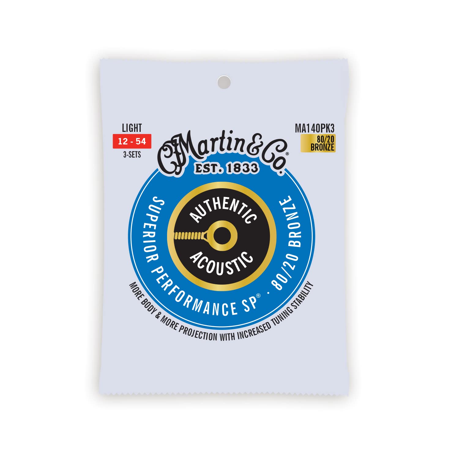 Martin Authentic Acoustic Guitar Strings, Superior Performance Light 12-54, 80/20 Bronze, 3 Pack