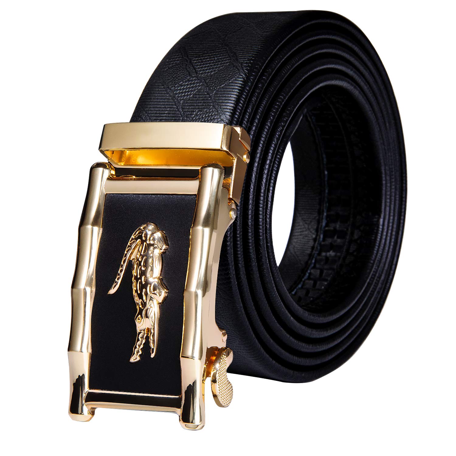 Dubulle Mens Black Ratchet Belt Full Grain Leather Gold Crocodile Automatic Buckle Adjustable Sliding Belts for Dress Party