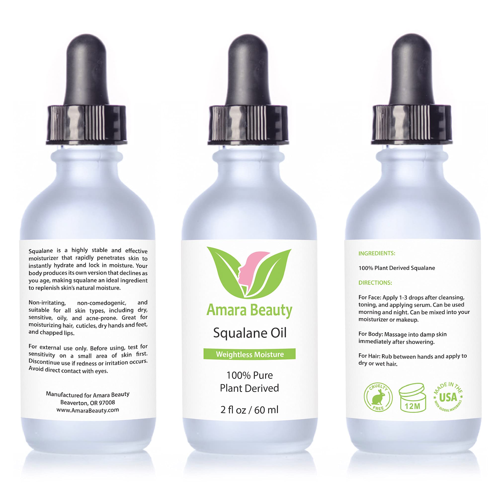 Amara Beauty Squalane Oil Moisturizer with 100% Pure Plant Derived Squalane for Face, Body, Skin and Hair - Face Oil 2 fl. oz.