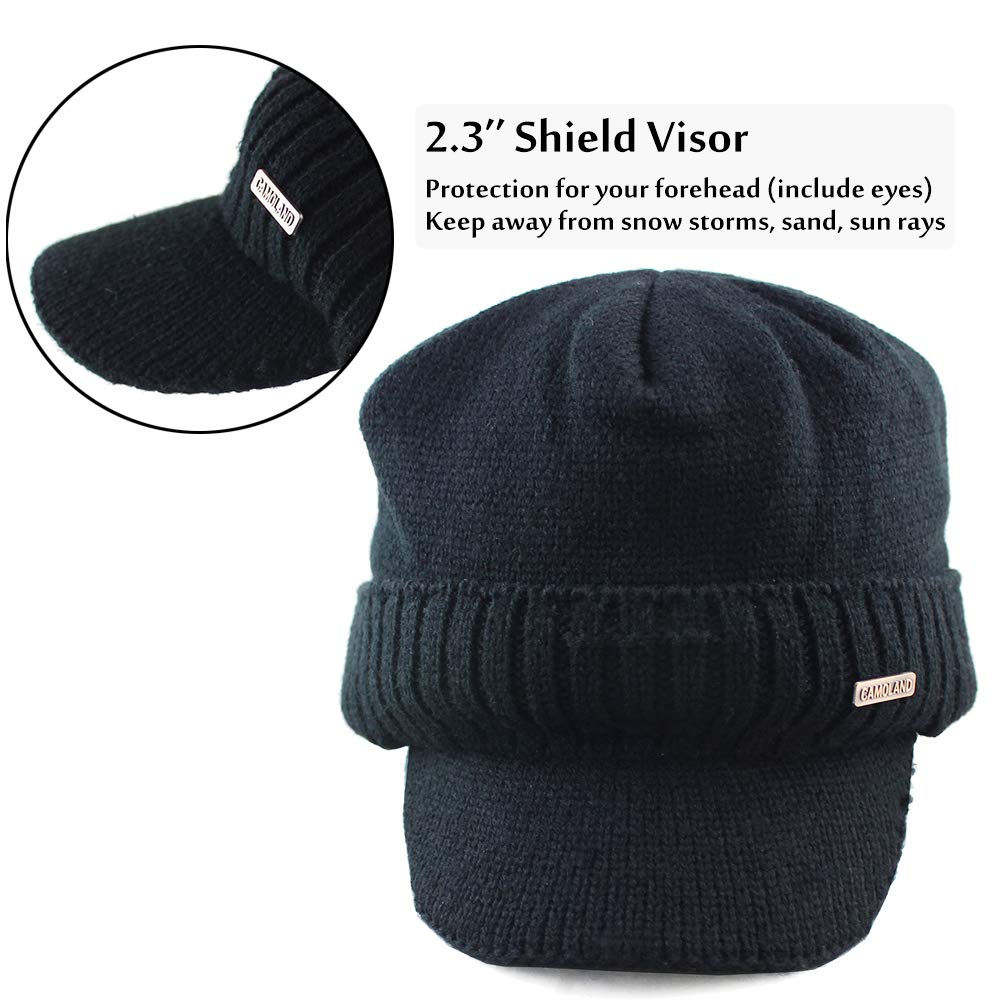 CAMOLAND 30% Wool Winter Beanie w/Visor & Earflaps for Men Outdoor Fleece Hat