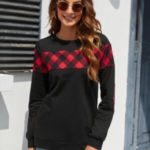 Blooming Jelly Women's Color Block Plaid Shirt Crew Neck Elbow Patches Pullover Sweatshirt Christmas Top(M) Black