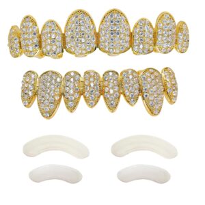 tsanly gold grillz iced out cz diamond top & bottom set grill 24k gold plated macro pave teeth grills - extra molding bars included + storage case + microfiber cloth