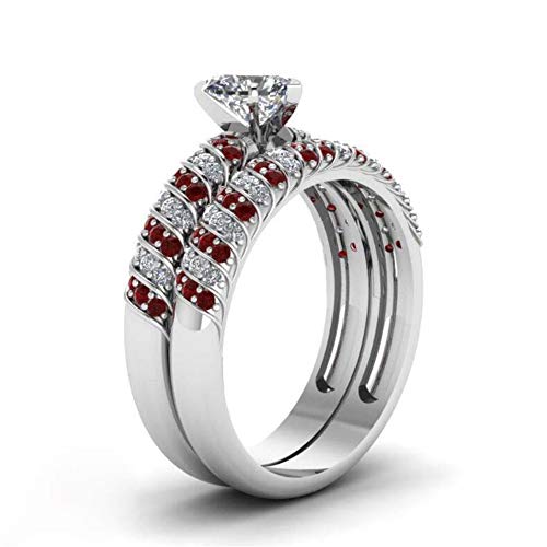 Couple Ring Bridal Set His and Hers Women 10k White Gold Filled Heart Garnet CZ Men Titanium Band 10k Wedding Ring Band Set