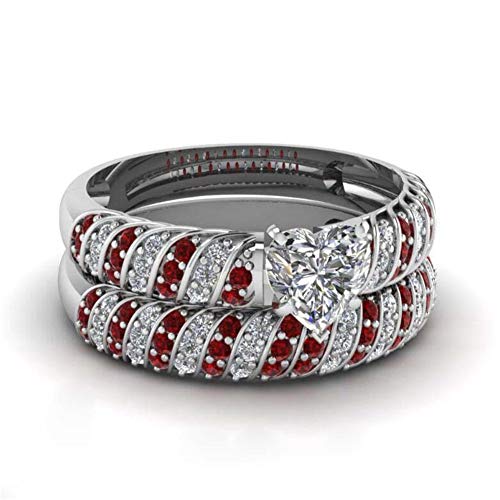 Couple Ring Bridal Set His and Hers Women 10k White Gold Filled Heart Garnet CZ Men Titanium Band 10k Wedding Ring Band Set