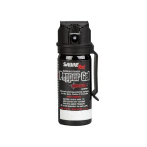 sabre crossfire pepper gel for self defense, deploys at any angle, maximizes target acquisition against threats, easy carry belt clip, safety flip top, max police strength pepper spray, 1.5 fl oz