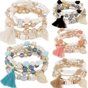 yunanwa 5 PACK Multilayer Bohemian Beaded Bangle Bracelet Crystal Charm Stretch Beach Stack-able Multi-color Boho Bracelets Jewelry Set