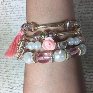 yunanwa 5 PACK Multilayer Bohemian Beaded Bangle Bracelet Crystal Charm Stretch Beach Stack-able Multi-color Boho Bracelets Jewelry Set