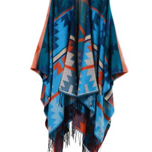 xxxiticat Women's Native American Trendy Cashmere Plaid Pattern Wrap Shawl Cardigan Poncho Cape Scarf(BE) Blue