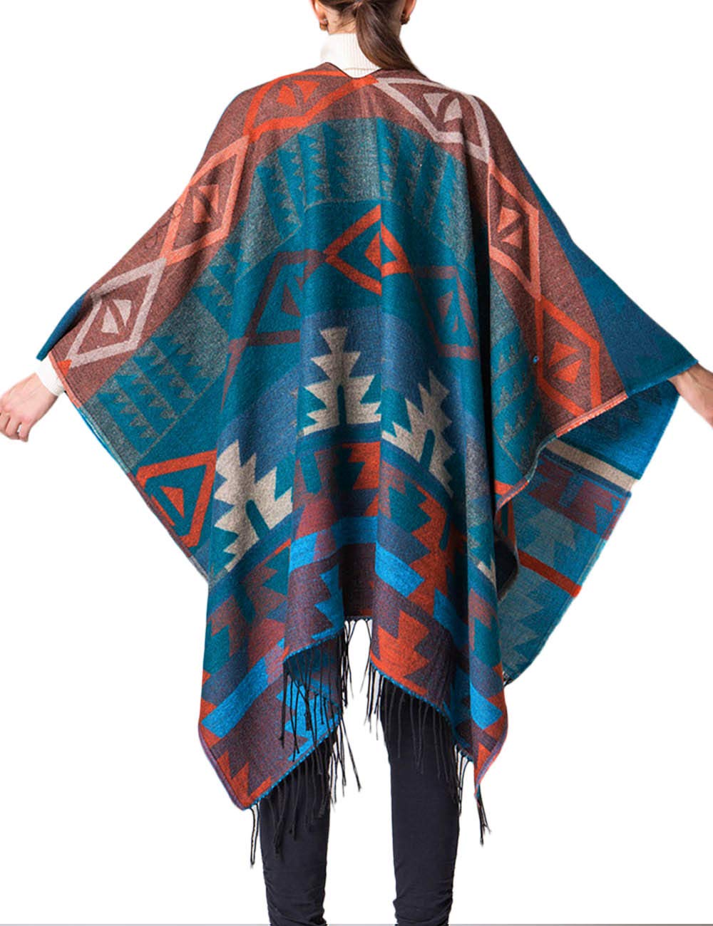 xxxiticat Women's Native American Trendy Cashmere Plaid Pattern Wrap Shawl Cardigan Poncho Cape Scarf(BE) Blue