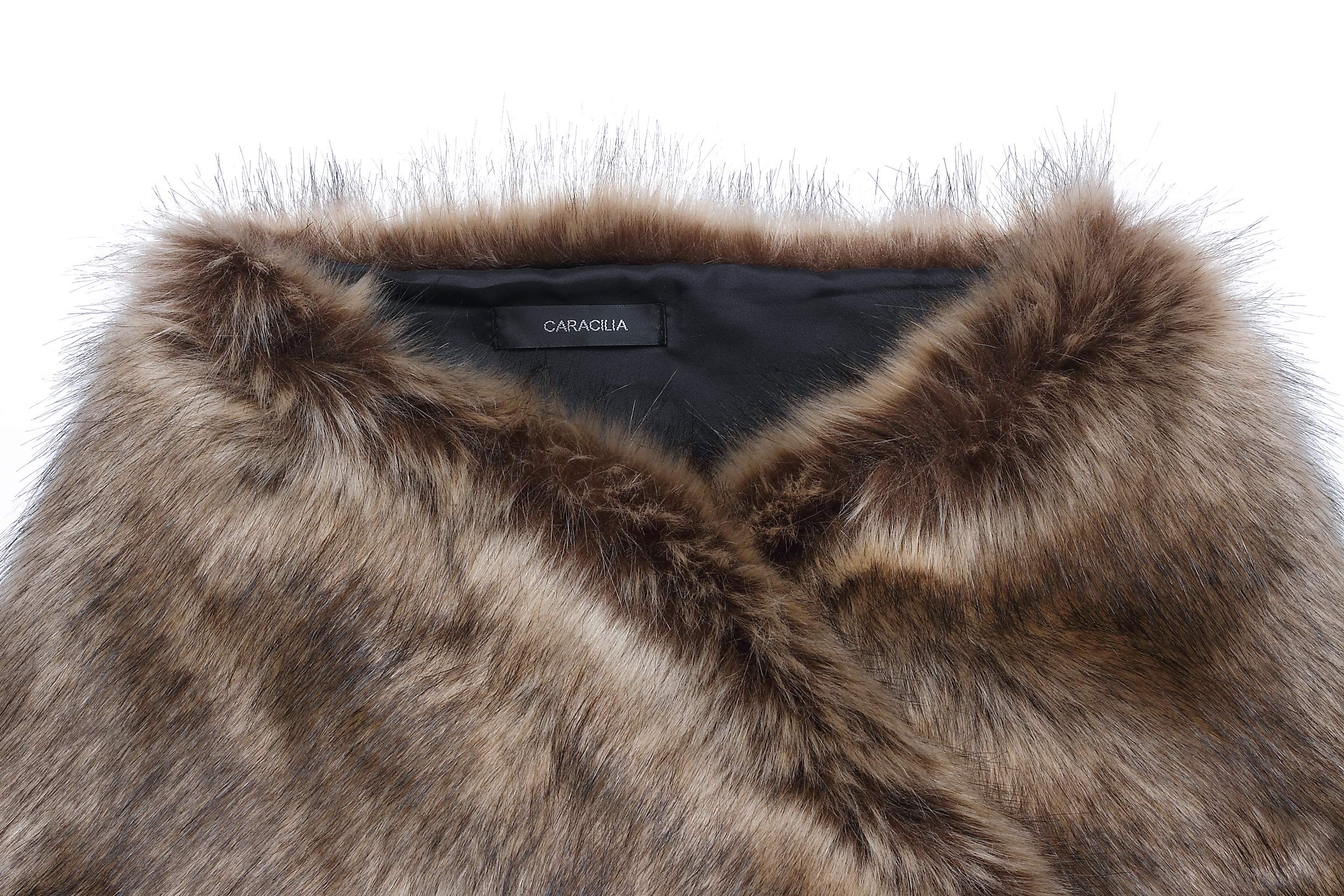 Caracilia Women Luxury Faux Fur Coat Jackets Wrap Cape Shawl for Wedding Party Brown Fur Small