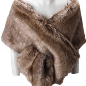 Caracilia Women Luxury Faux Fur Coat Jackets Wrap Cape Shawl for Wedding Party Brown Fur Small