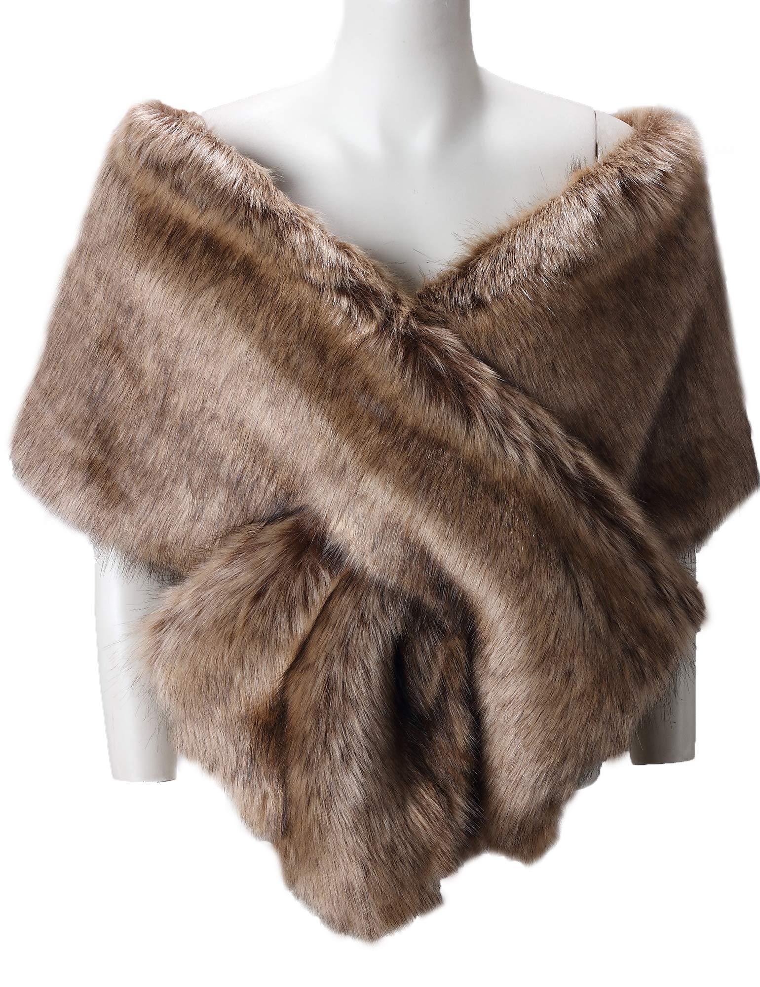 Caracilia Women Luxury Faux Fur Coat Jackets Wrap Cape Shawl for Wedding Party Brown Fur Small