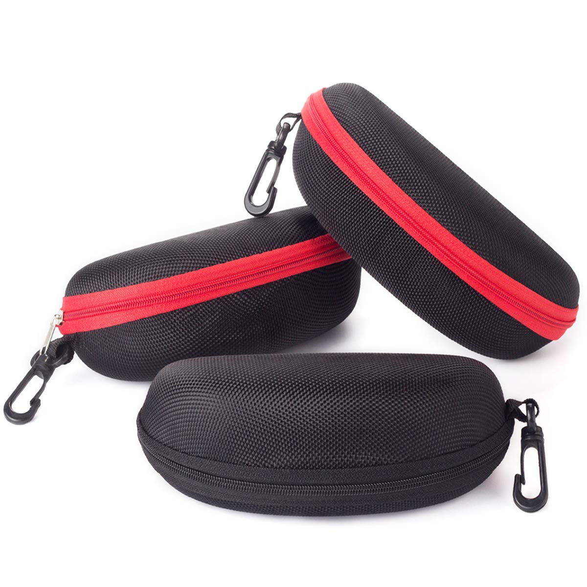 RayLove 3 Pack Sunglasses Case Portable Travel Zipper Eyeglasses Case Hook (2Red1Black)