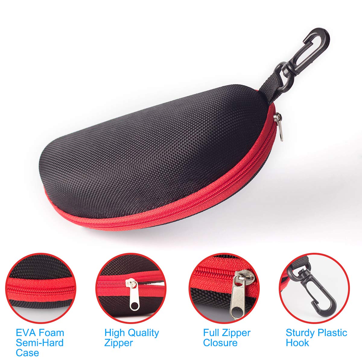 RayLove 3 Pack Sunglasses Case Portable Travel Zipper Eyeglasses Case Hook (2Red1Black)