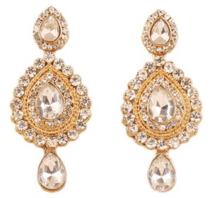 touchstone indian bollywood desire contemporary diamond look white rhinestone designer jewelry chandelier earrings in antique gold tone for women.