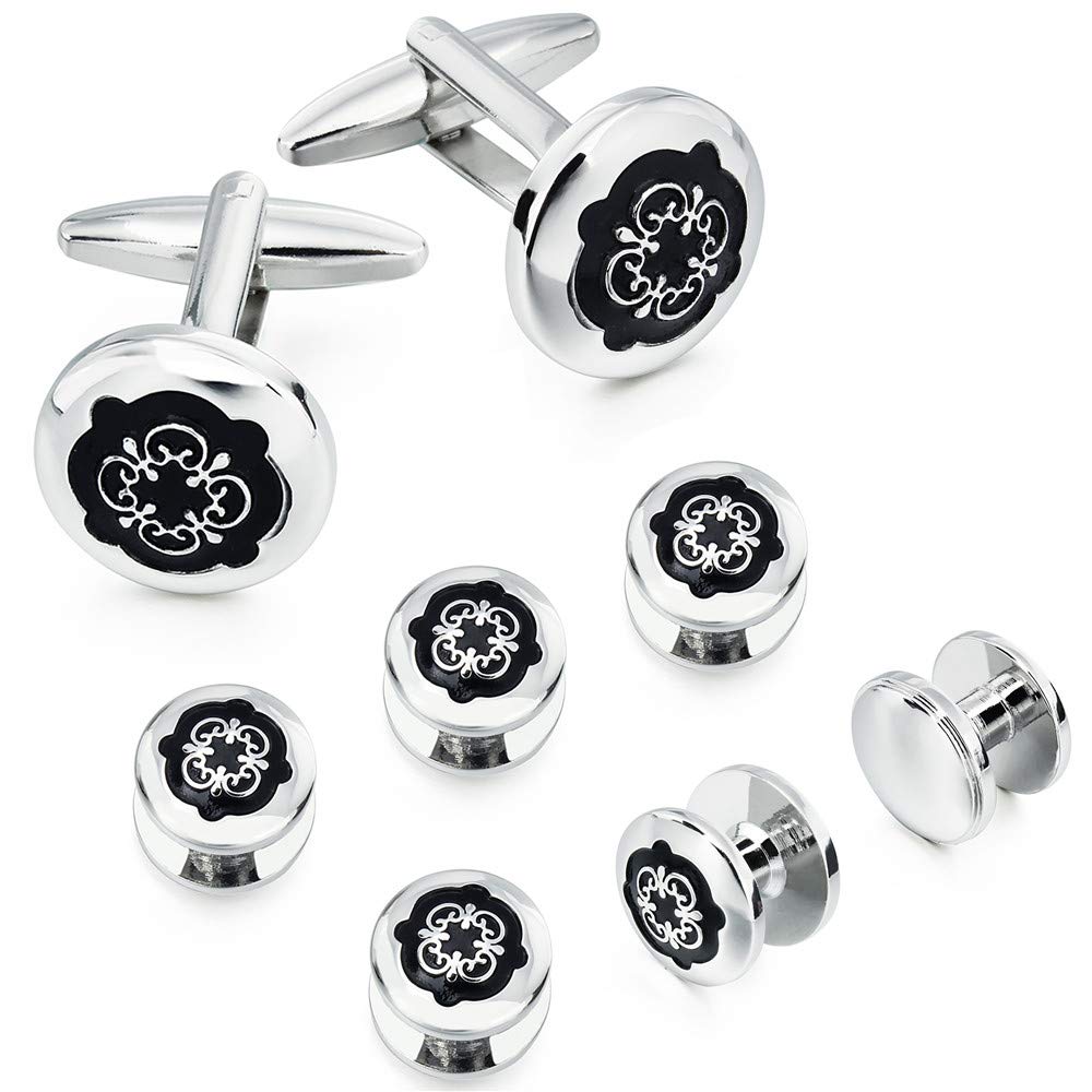 HAWSON Black Cufflinks Tuxedo Studs Set for Men - 2 Pcs Cufflinks with 6 Pieces Studs in Gift Box