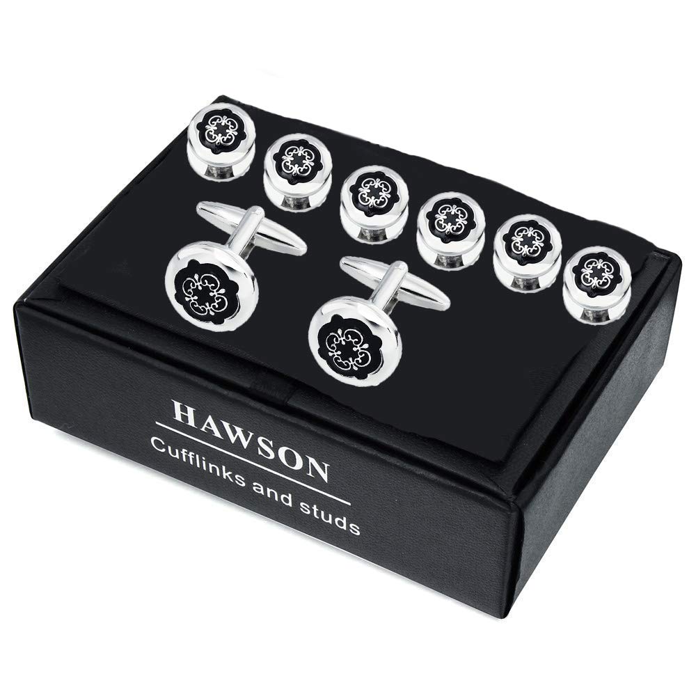 HAWSON Black Cufflinks Tuxedo Studs Set for Men - 2 Pcs Cufflinks with 6 Pieces Studs in Gift Box