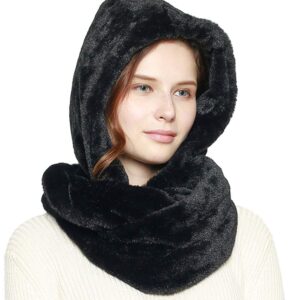 Fashion 21 Women's Thick & Soft Faux Fur Infinity Hood Scarf Head Scarf Shawl Wrap (Hooded - Black)