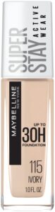 maybelline super stay full coverage liquid foundation active wear makeup, up to 30hr wear, transfer, sweat & water resistant, matte finish, ivory, 1 count