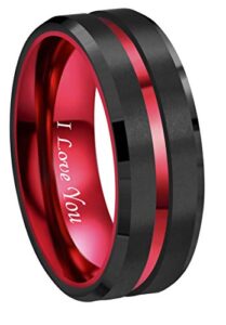 royalkay 8mm red black tungsten wedding band ring men women matte finish red grooved engraved i love you comfort fit size 6 to 16(8mm,10)