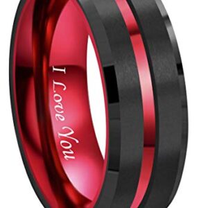 RoyalKay 8mm Red Black Tungsten Wedding Band Ring Men Women Matte Finish Red Grooved Engraved I Love You Comfort Fit Size 6 To 16(8mm,10)