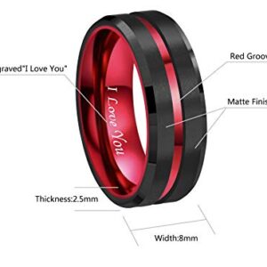 RoyalKay 8mm Red Black Tungsten Wedding Band Ring Men Women Matte Finish Red Grooved Engraved I Love You Comfort Fit Size 6 To 16(8mm,10)