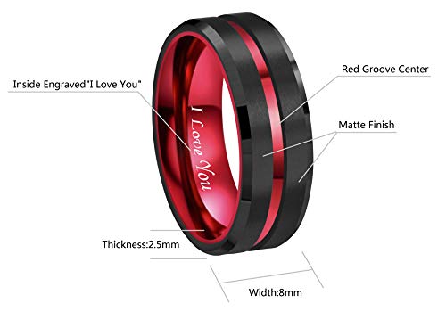 RoyalKay 8mm Red Black Tungsten Wedding Band Ring Men Women Matte Finish Red Grooved Engraved I Love You Comfort Fit Size 6 To 16(8mm,10)