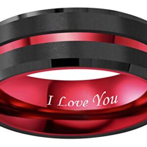 RoyalKay 8mm Red Black Tungsten Wedding Band Ring Men Women Matte Finish Red Grooved Engraved I Love You Comfort Fit Size 6 To 16(8mm,10)