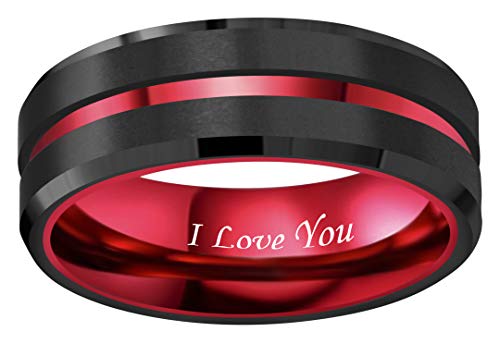 RoyalKay 8mm Red Black Tungsten Wedding Band Ring Men Women Matte Finish Red Grooved Engraved I Love You Comfort Fit Size 6 To 16(8mm,10)