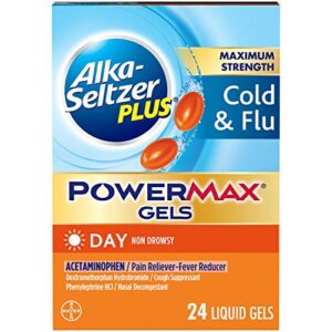 alka-seltzer plus cold & flu, power max cold and flu medicine, day, for adults with pain reliver/fever reducer, cough suppressant, nasal decongestant, 24 count