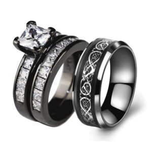 Couple Ring Bridal Sets His Hers Women Black Gold Plated Square CZ Men Stainless steel Band Wedding Ring Band Set