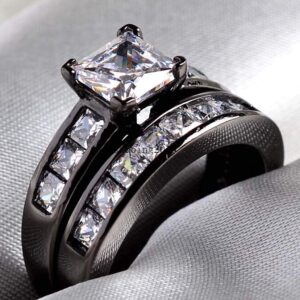 Couple Ring Bridal Sets His Hers Women Black Gold Plated Square CZ Men Stainless steel Band Wedding Ring Band Set